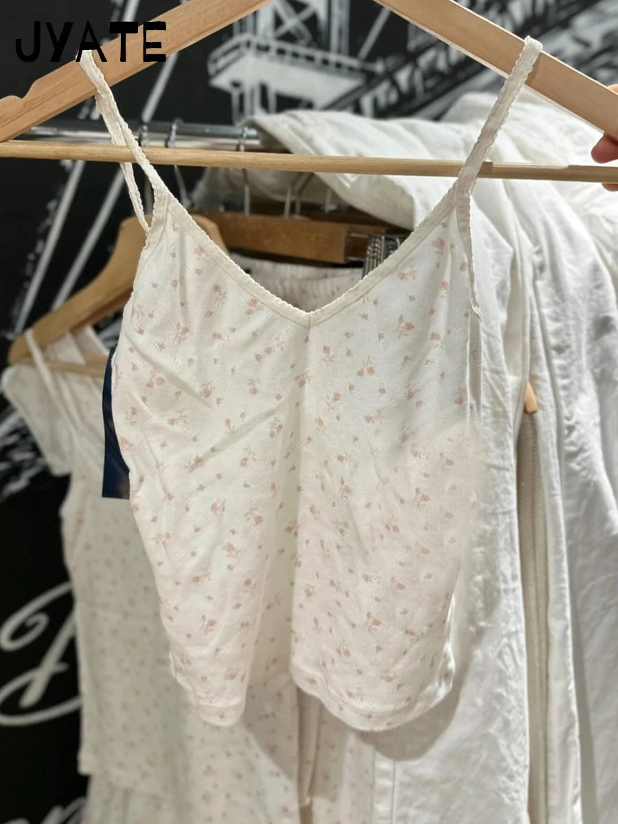 Floral Print V-neck Eyelet Slim Tank Tops Women Summer New Cotton Soft Sexy Casual Cropped Vests Sweet Cute Vintage Camisole Y2K