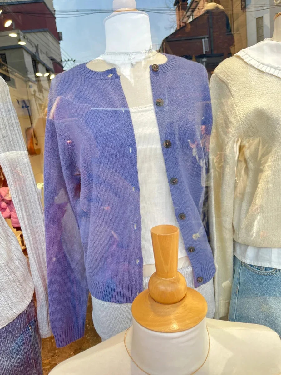 Blue Vintage Long Sleeve Knitted Cardigan Women New Cotton O-neck Casual Button Jumper Coat Sweet Preppy Style Sweater Y2K Tops