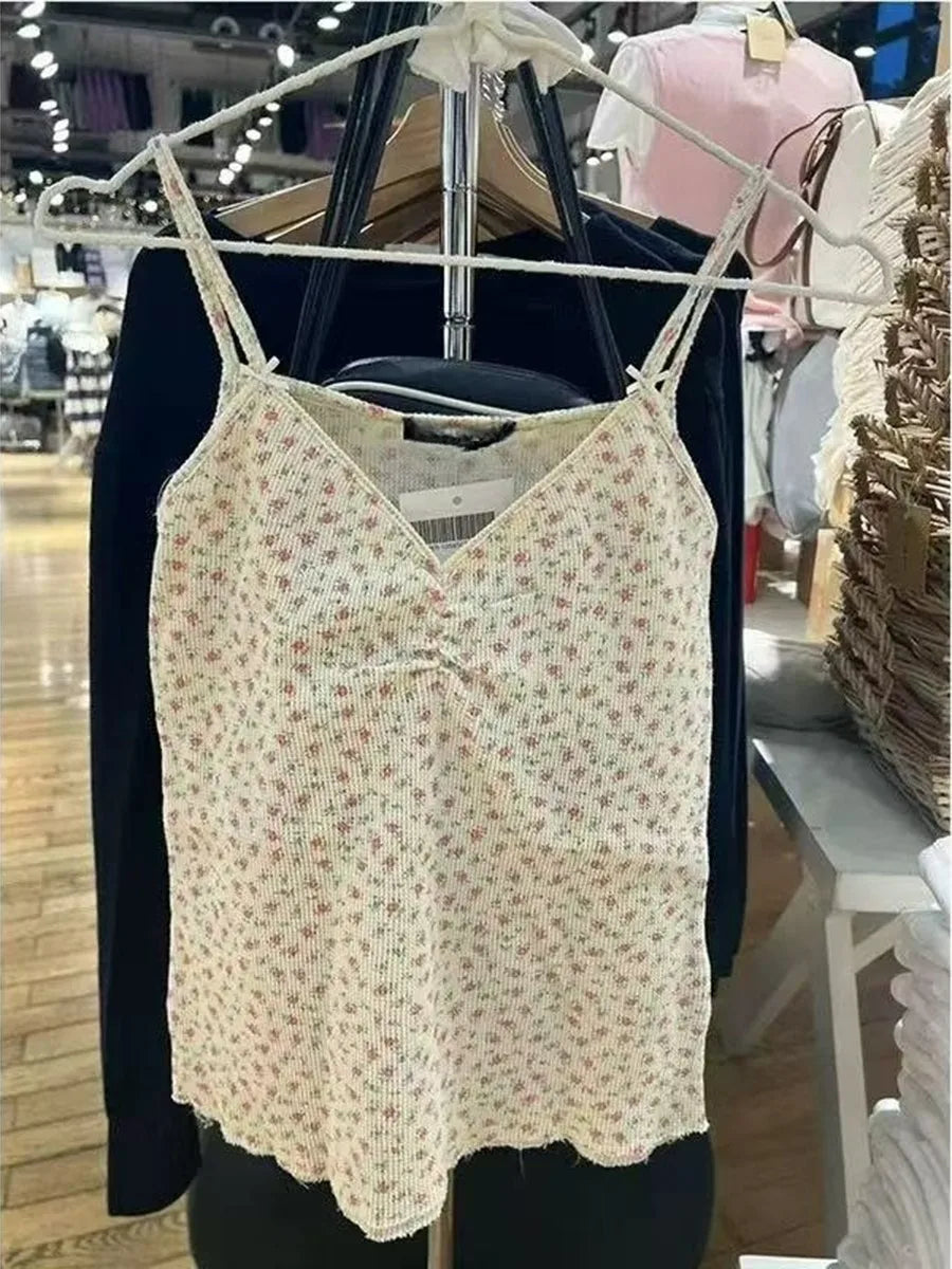 Pink Floral Eyelet Slim Tank Top Women Spring Lace Trim Sleeveless Cotton Crop Tops Casual Sweet Cute Preppy Style Y2K Camis New