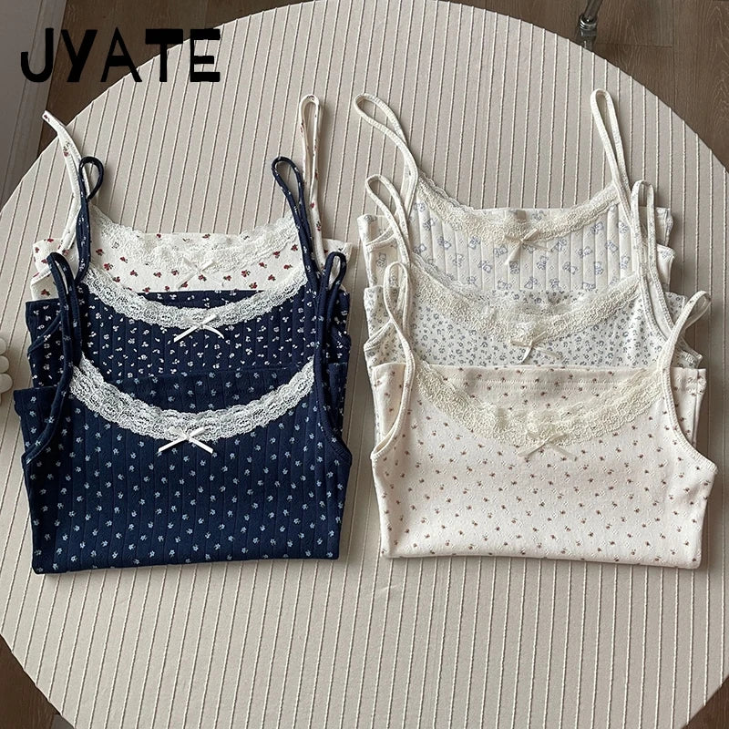 Lace Trim Floral Eyelet Tank Tops Women New Summer Cotton Bow Slim Preppy Style Cropped Vests Sweet Vintage Chic Camisole Y2K