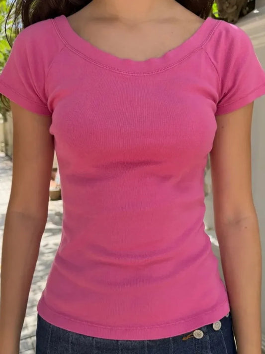 Rose Pink Slash Neck T-shirt Women Casual Preppy Style Slim Short Raglan Sleeve Cotton Tee Shirts Sweet Preppy Style Tshirts Y2K