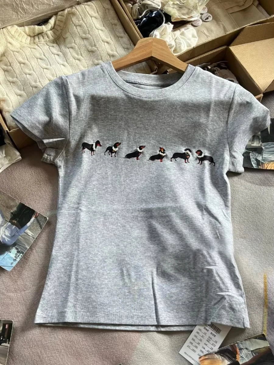 Gray Puppy With Pearl T-shirts Women Summer Slash Neck Sexy Cotton Slim Short Sleeve Tee Cute Sweet Animal Tshirt Y2K Crop Tops