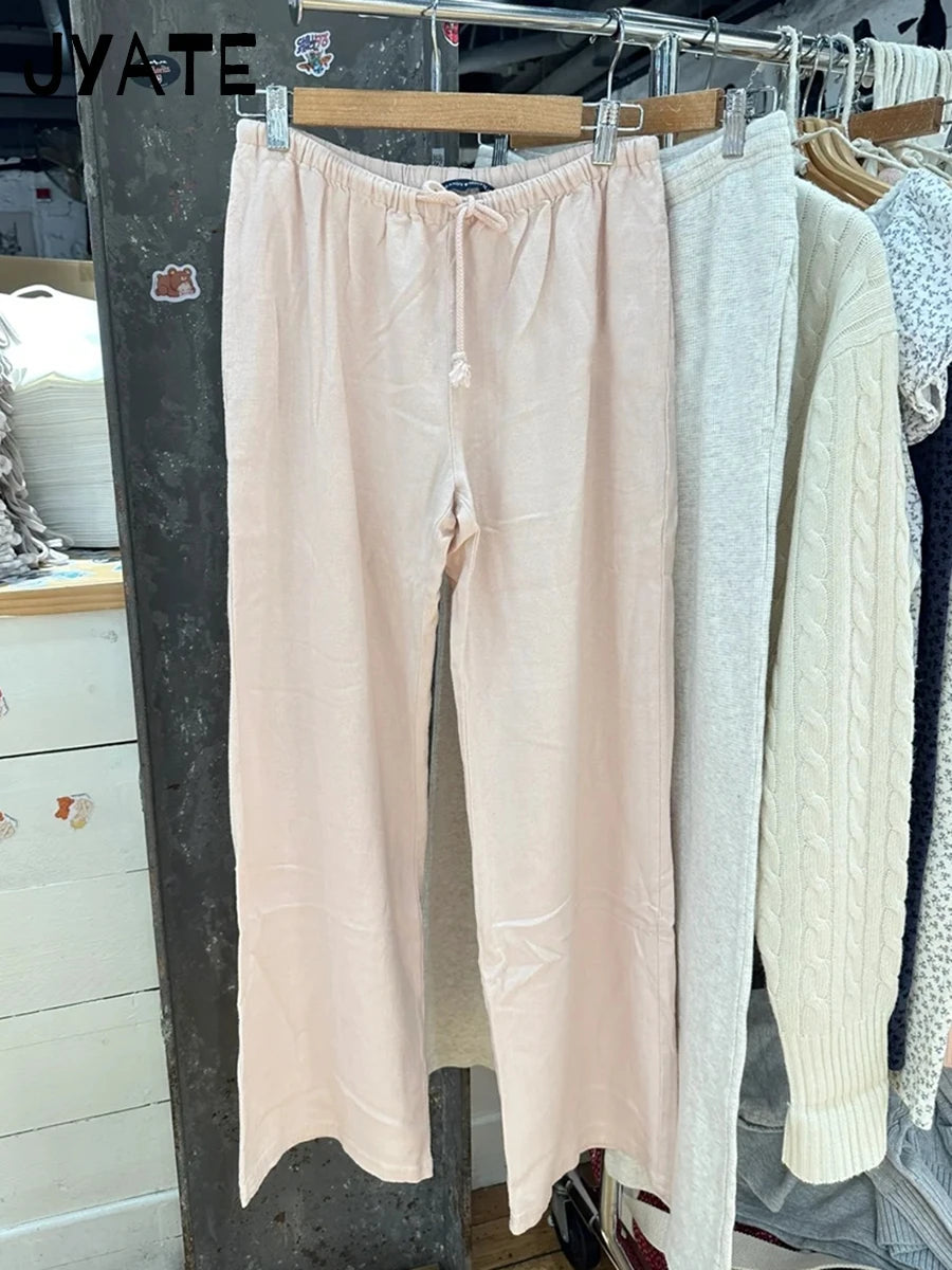 Solid Drawstring Straight Sweatpants Women Streetwear Cotton Simple Casual High Waist Trousers Vintage Chic Sport Long Pants Y2K