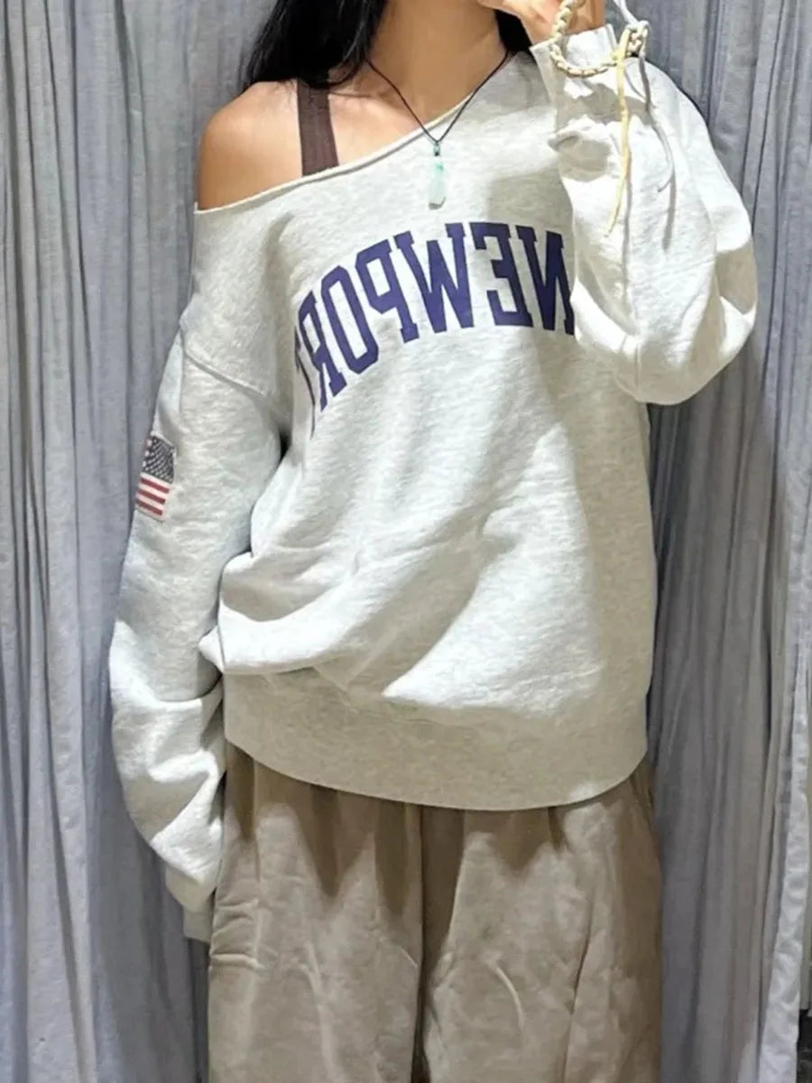Letter Embroidery Scoop Neck Sweatshirt Women Autumn Streetwear Long Sleeve Cotton Loose Pullover Vintage Oversized Y2K Hoodie
