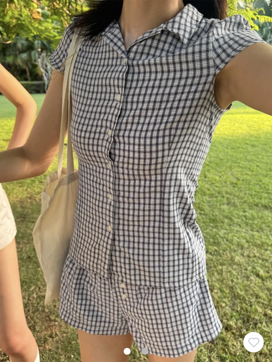 Vintage Red Plaid Blouse T-shirt Short Set Women Summer Buttons Tee+Straight Sweatshorts Suit Sweet Home Pajama 2 Piece Sets Y2K