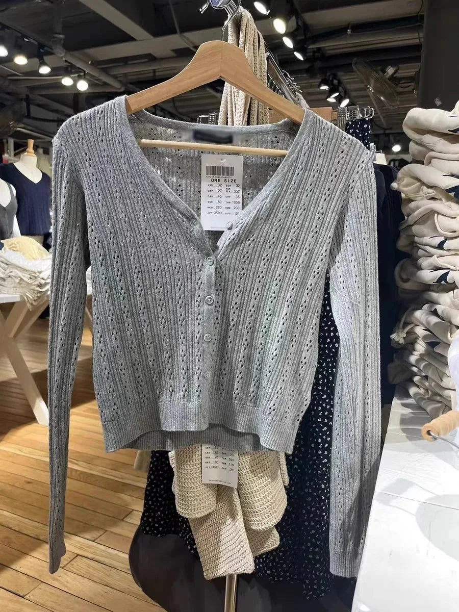 Hollow Out Solid Knitted Tops Women 2025 Spring Sexy V Neck Cotton Long Sleeve T-shirt Female Vintage Simple Cute Crop Top Chic