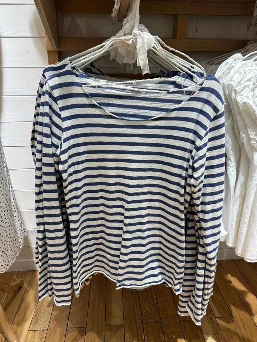 Chic New Navy Striped Long Sleeve T-shirt Woman Autumn Cotton Sexy Slash Neck Raw Hem Tees Casual Vintage Streetwear Y2K Tshirts