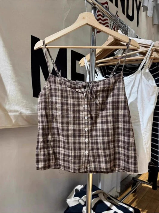 Retro Plaid Lace-up Ruffles Tank Tops Women Summer New Cotton Sexy Slim Buttons Strapless Vests Cute Vintage Preppy Camisole Y2K