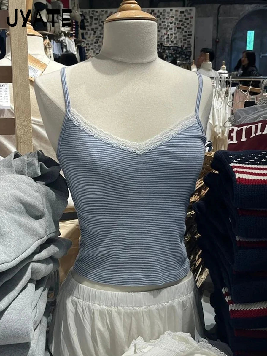 Sexy Lace Trim Cotton V-neck Camisole Women Summer New Blue Striped Casual Slim Sleeveless Vest Sweet Vintage Chic Tank Tops Y2K