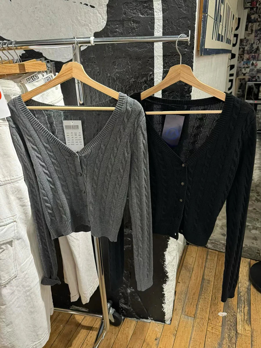 Gray Twist Cardigan Women Spring Streetwear Fashion V-neck Slim Long Sleeve Jumper Tops Vintage Simple Basic Sweaters Coats Y2K