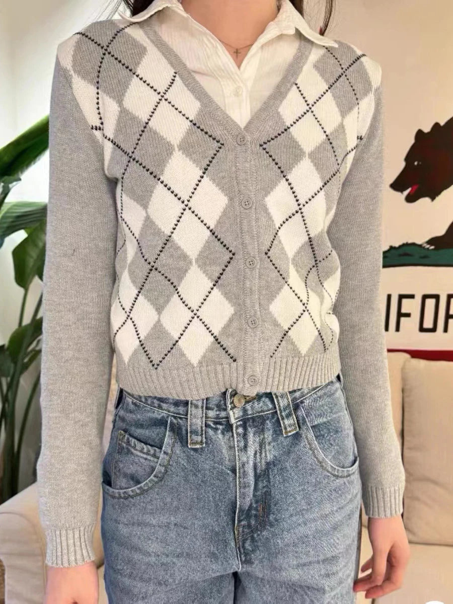Vintage Plaid Knitted V-neck Cardigan Women New Cotton Slim Gray Streetwear Patchwork Sweater Coat Harajuku Chic Y2K Jumper Tops