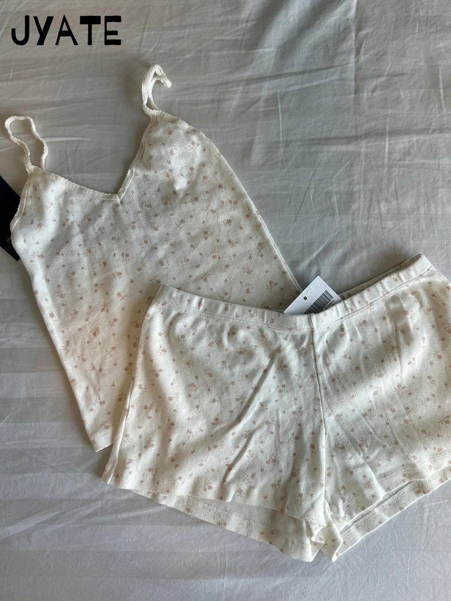 Floral Print V-neck Eyelet Slim Tank Tops Women Summer New Cotton Soft Sexy Casual Cropped Vests Sweet Cute Vintage Camisole Y2K