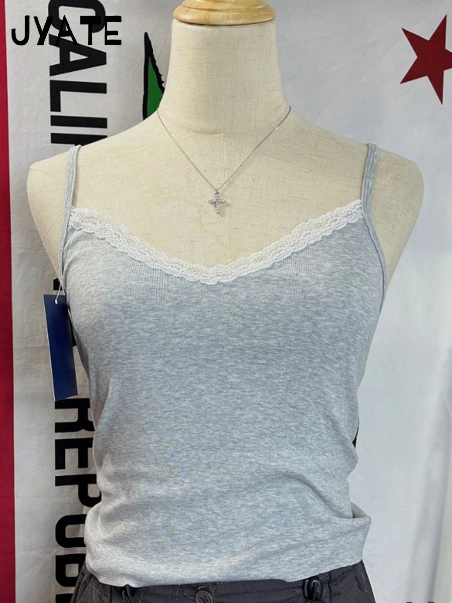 Simple Lace Trim V-neck Camisole Women New Cotton Soft Basic Casual Slim Sexy Sleeveless Vests Sweet Cute Vintage Tank Tops Y2K