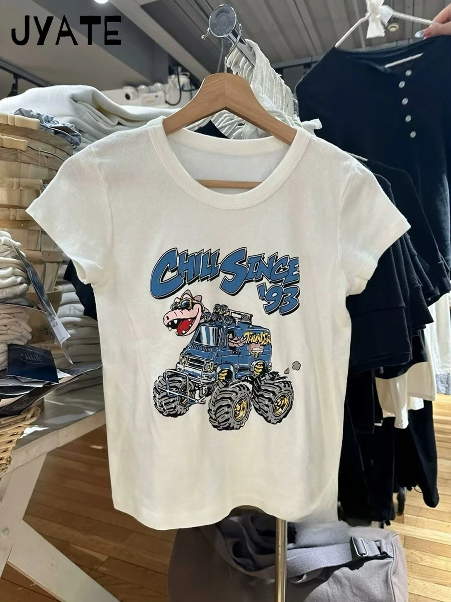 Cute Dinosaur Car Print O-neck T-shirts Women New Casual Cotton Soft Preppy Style Short Sleeve Tee Streetwear Vintage Sweet Tops