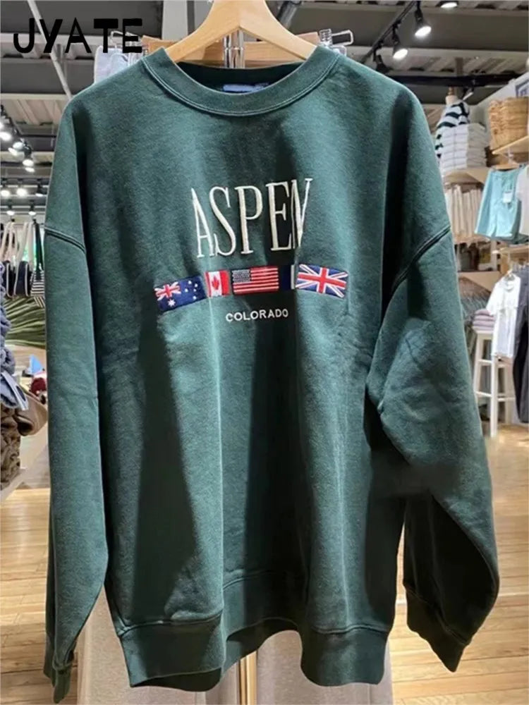 Letter Embroidery Sweatshirts Women Autumn New Casual O-neck Flag Long Sleeve Hoodies Vintage Harajuku Chic Pullover Top Y2K