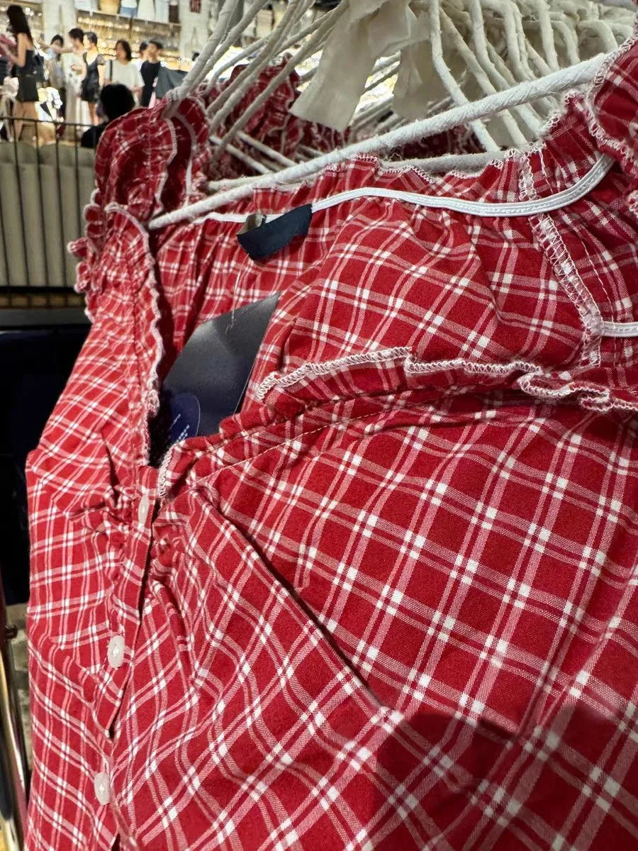 Red Plaid Slim T-shirt Blouse Women Summer Ruffles Single Breasted V-neck Short Puff Sleeve Shirt Female Vintage Sweet Tops New