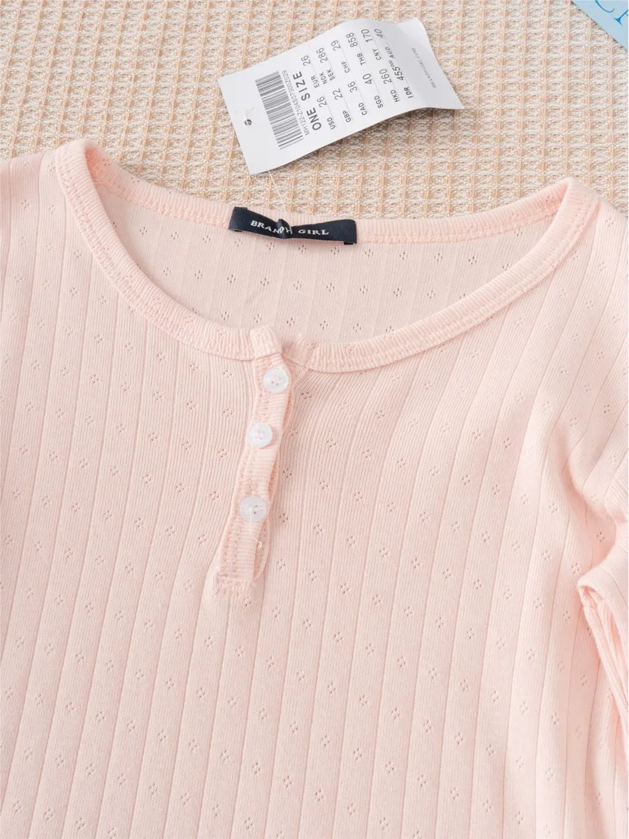 Sweet Pink Hollow Out Cute Cotton T-shirts Femme Button Casual Slim Long Sleeve Tees Women Basic Chic Vintage Tops Clothes Y2K
