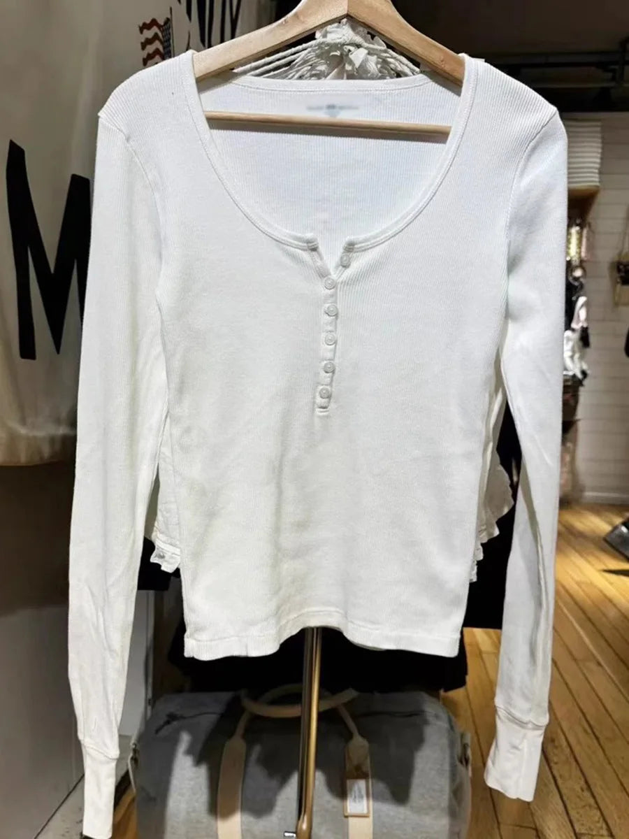 Sweet Blue Ribbed Buttons T-shirt Women Buttons O-Neck Cotton Slim Long Sleeve Tee Cute Vintage Preppy Style T Shirt Y2K Top New