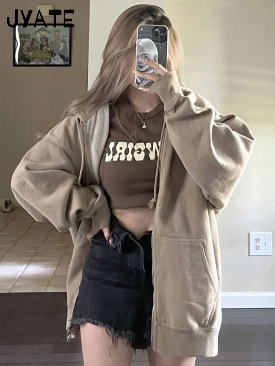 Vintage Solid Cotton Zipper Hooded Sweatshirts Women Pockets Drawstring Basic Loose Hoodie Tops Casual Simple Chic Hoodies Coat
