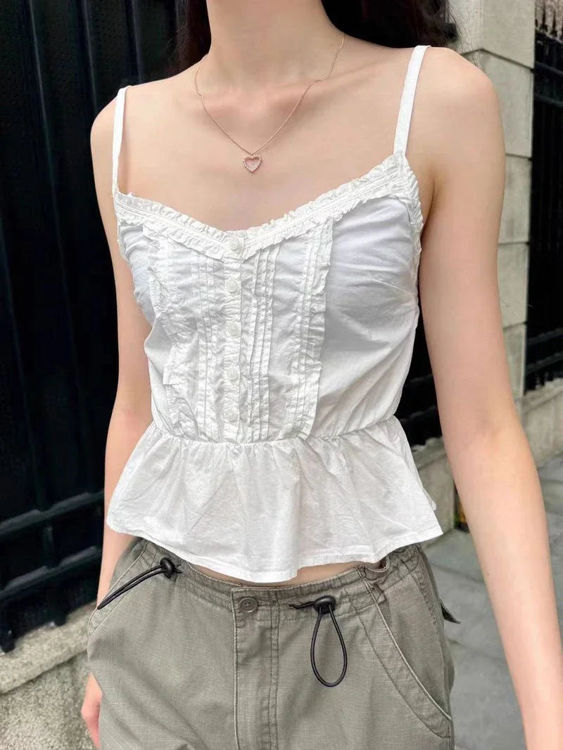 New Ruffles White Slim Crop Top Women Summer Sexy V-neck Buttons Cotton Sleeveless Cropped Camis Vintage Sweet Tank Tops Y2K