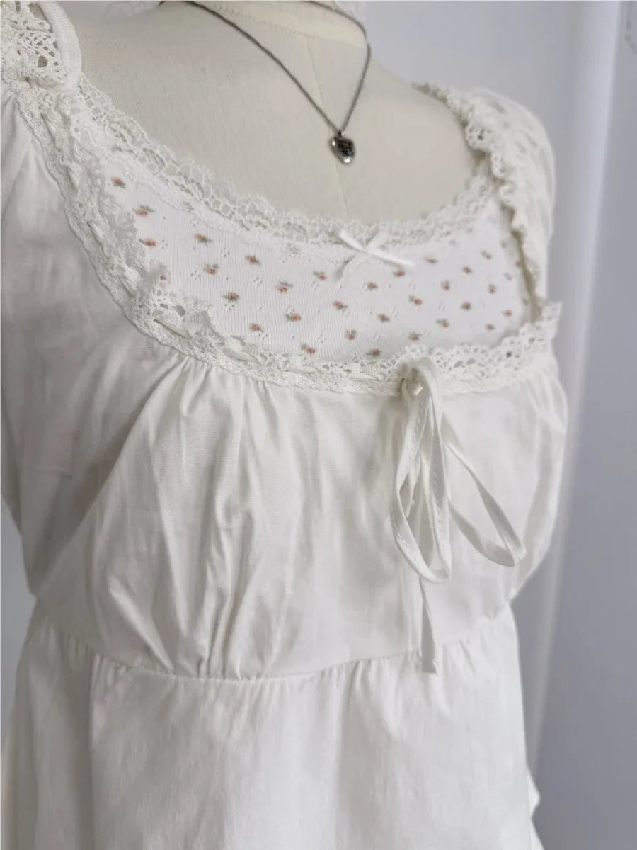 White Lace Trim T-Shirt Shorts Set Women Summer Lace-up Puff Sleeve Blouse+Elastic Waist Short Pants Sweet Simple 2 Piece Sets