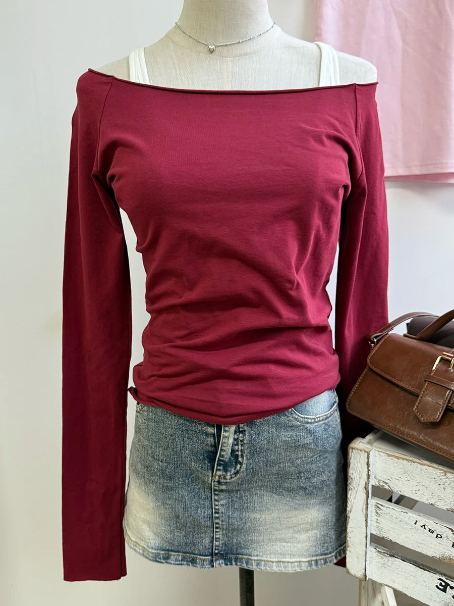 Women's Sexy Slim Raw Trim T-shirts Cotton Casual Streetwear Slash Neck Long Sleeve Tee Chic Harajuku Y2K Crop Top Vintage Mujer