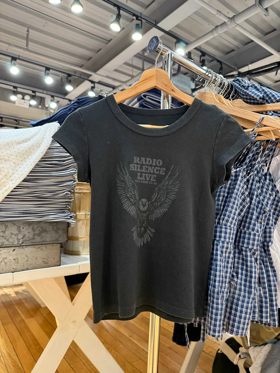American Vintage Crop Top Women Streetwear Crew Neck Cotton Slim Short Sleeve T-shirts Fashion Black Eagle Print Tops Tees Y2k