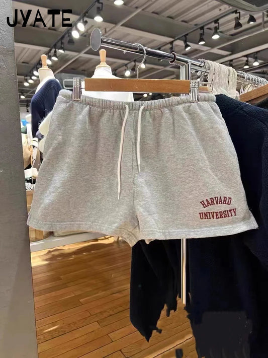 Red Letter Embroidery Short Pants Women Cotton Gray Casual Pockets High Waist Drawstring Shorts Vintage Chic Preppy Sweatshorts