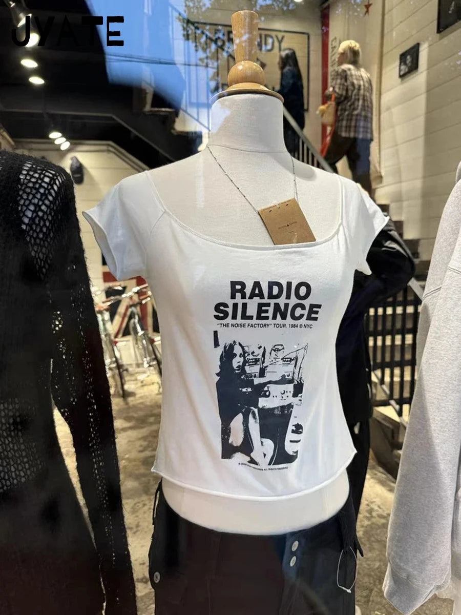 Radio Print Slash Neck Crop Tops Women New Cotton Slim Streetwear Raw Hem Short Sleeve Tee Harajuku Vintage Y2K T-shirts