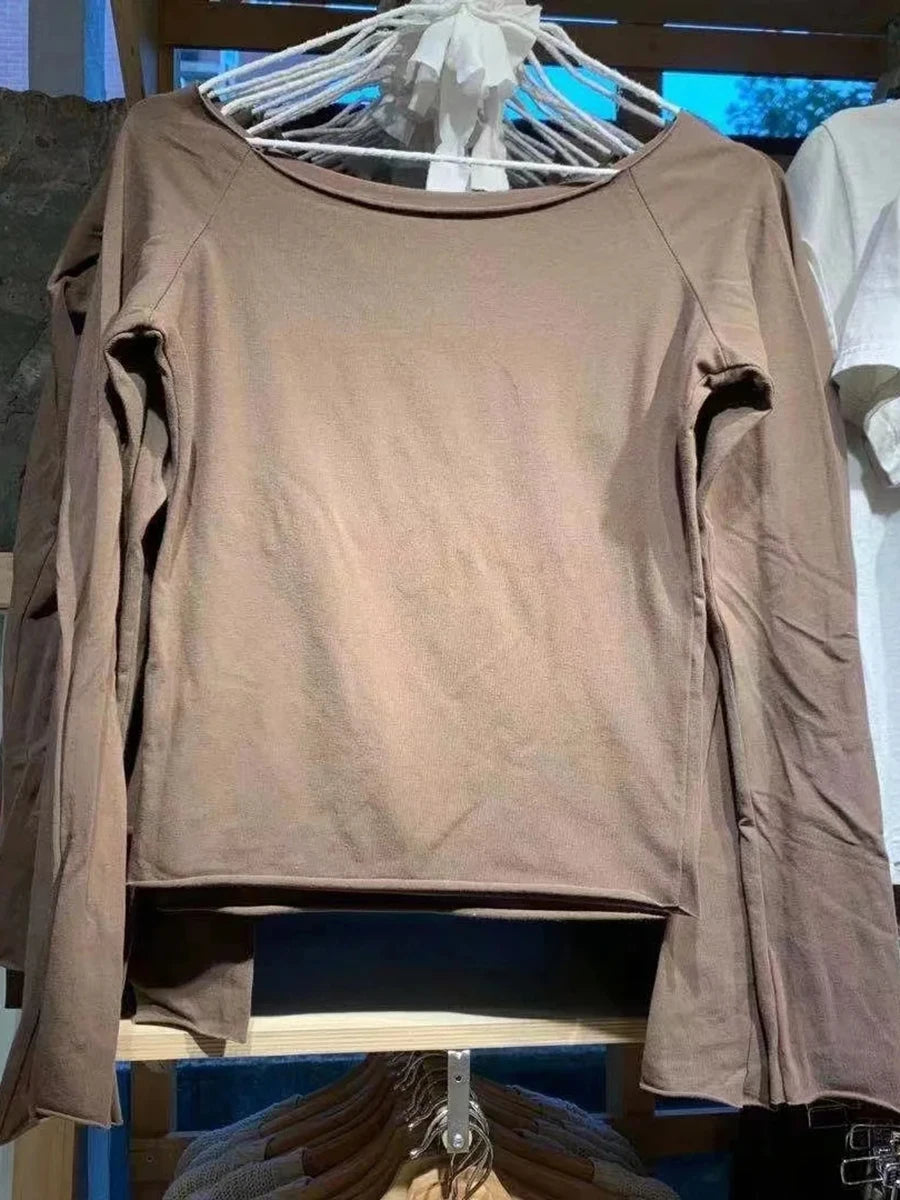 Simple Basic Solid Slim Long Sleeve Tee Women Spring Slash Neck Casual Raw Hem Cotton Sexy Tops Female Vintage Chic Y2K T-shirts