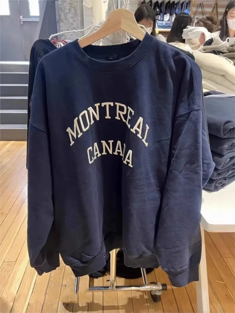 Streetwear Letter Embroidery Sweatshirt Women Loose O-neck Cotton Long Sleeve Hoodie Vintage American Oversized Sweatshirts Tops