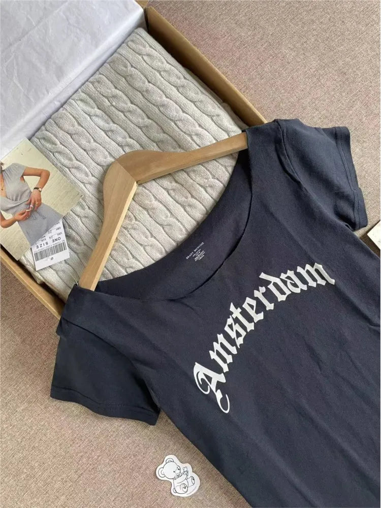 Retro Raw Hem Slash Neck Crop Top Women Simple Letter Print Slim Cotton Short Sleeve Tee Vintage Sweet Preppy Style Tshirt Y2K