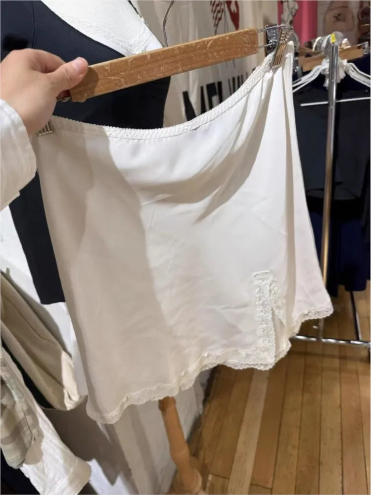 New Stain Lace White Trim Mini Skirts Woman Summer Preppy Style A-line Split Short Faldas Female Casual Sweet Elegant Chic Skirt