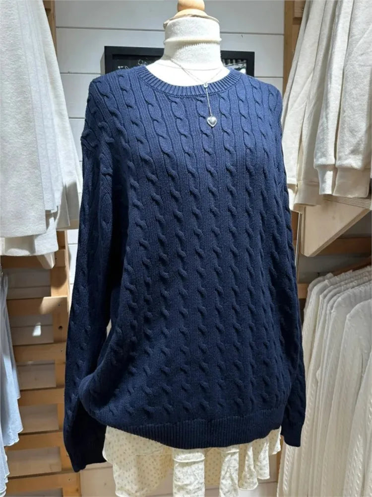 Twist Knit Loose Sweaters Autumn Cotton Warm O-neck Casual Preppy Style Pullover Tops Sweet Vintage Streetwear Chic Jumper Y2K