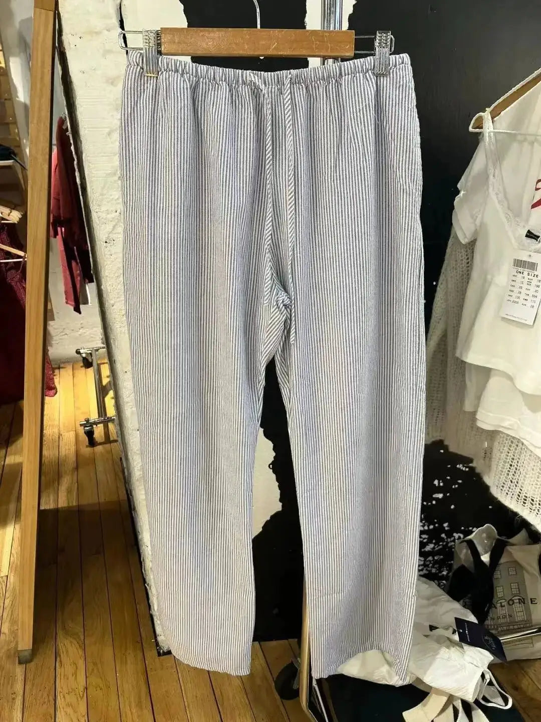 New Pink Striped Drawstring Long Pants Women Cotton Casual High Waist Simple Wide Leg Pant Vintage Loose Streetwear Chic Trouser