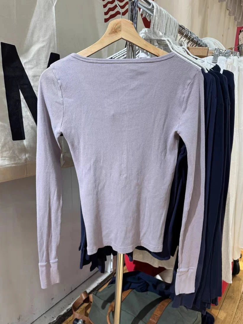 Taro Purple Ribbed Patchwork Long Sleeve Tees Women Autumn Simple Basic Buttons O-neck Tshirt Female Sweet Cute Cotton T-shirts