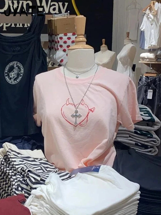 Sweet Pink Devil Heart T-shirts Women Summer New Cotton O-neck Casual Preppy Style Short Sleeve Tees Vintage Cute Chic Tops Y2K