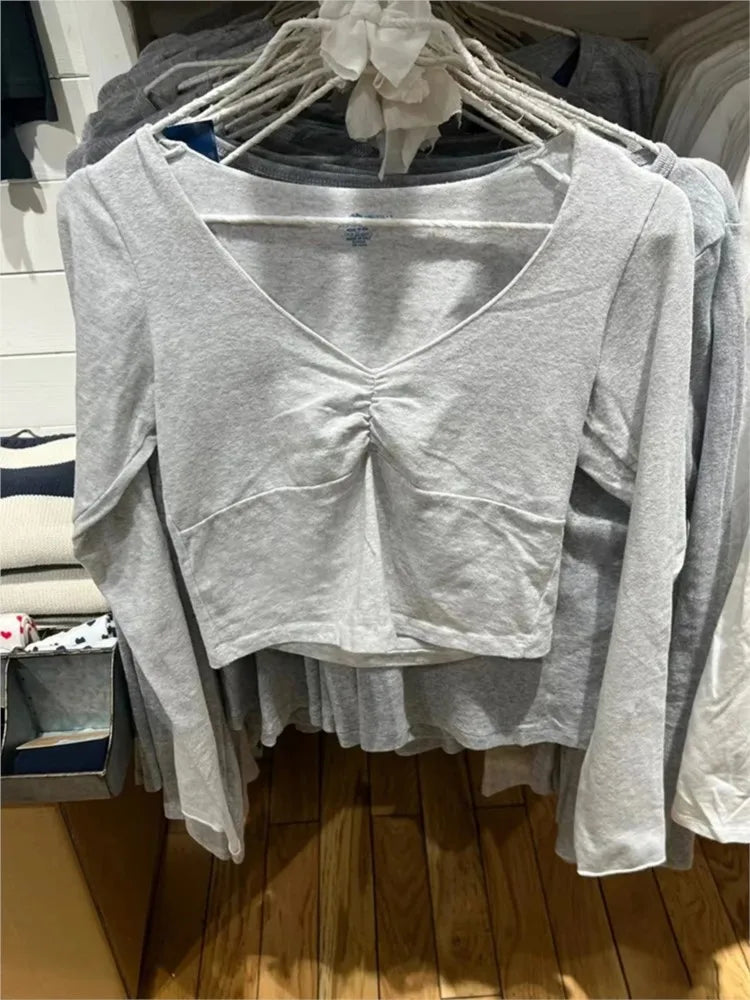 Sweet Gray Folds V-neck Slim Long Sleeve Tees Women Spring New Cotton Soft Simple Basic Crop Tops Vintage Cute Chic T-shirts Y2K