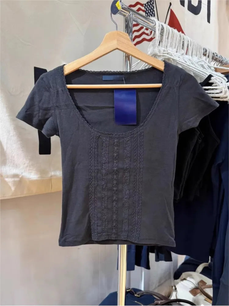 Black Lace Trim Tshirt Women Summer Simple Cotton Slim Crew Neck Short Sleeve Cropped Tees Vintage Streetwear Chic T-shirts Y2K