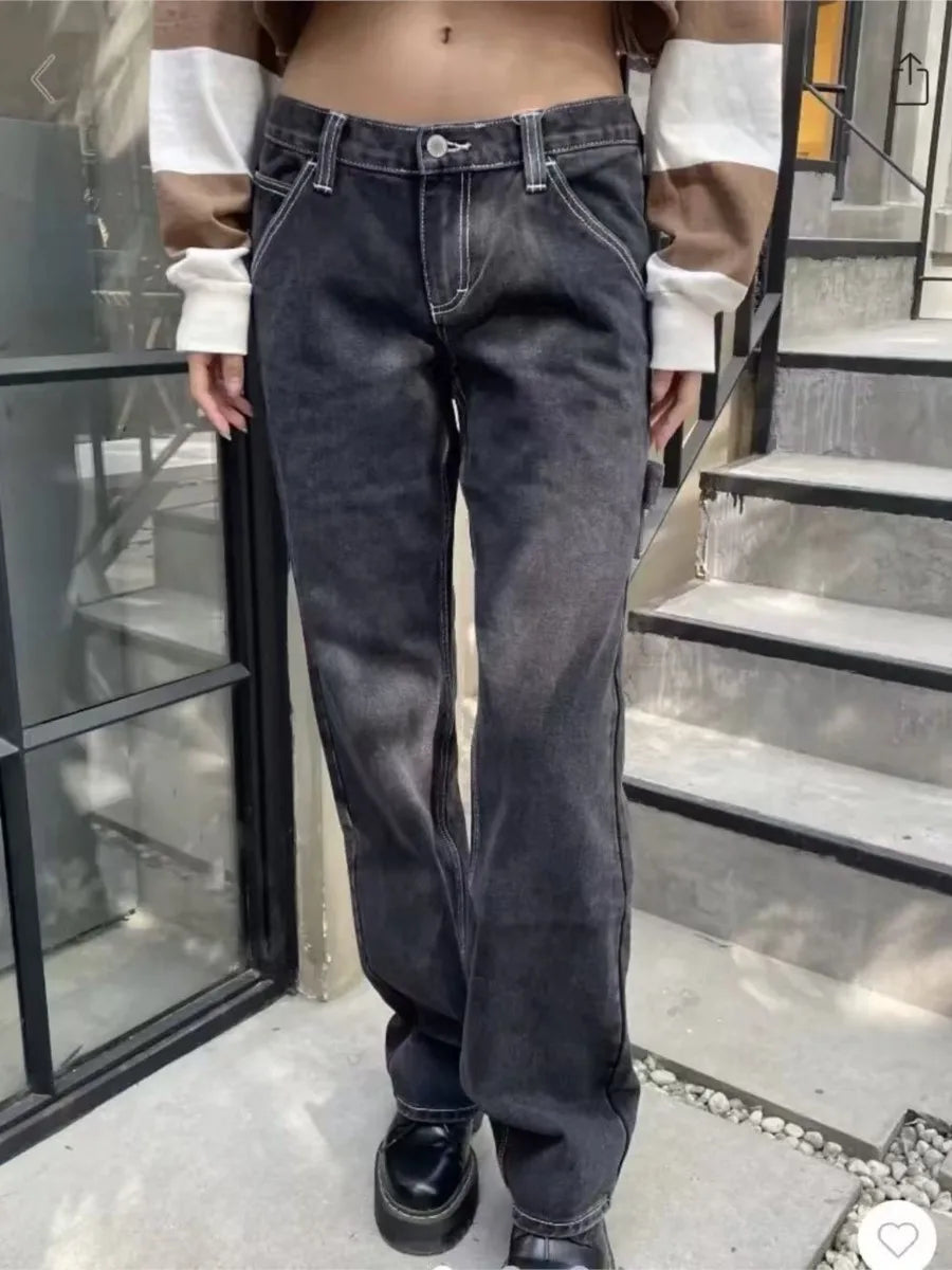 Vintage Buttons Loose Pants Women Summer Casual Low Waist Pockets Straight Long Pant Baggy Streetwear Preppy Style Trousers Y2K