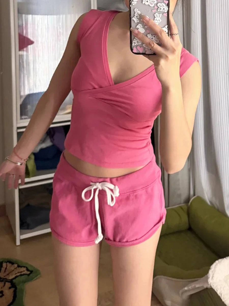 Rose Red Slim Crop Top Woman Streetwear Cute V-neck Short Sleeve Cotton Cropped T-shirt Casual Simple Sweet All-match Tee Tops