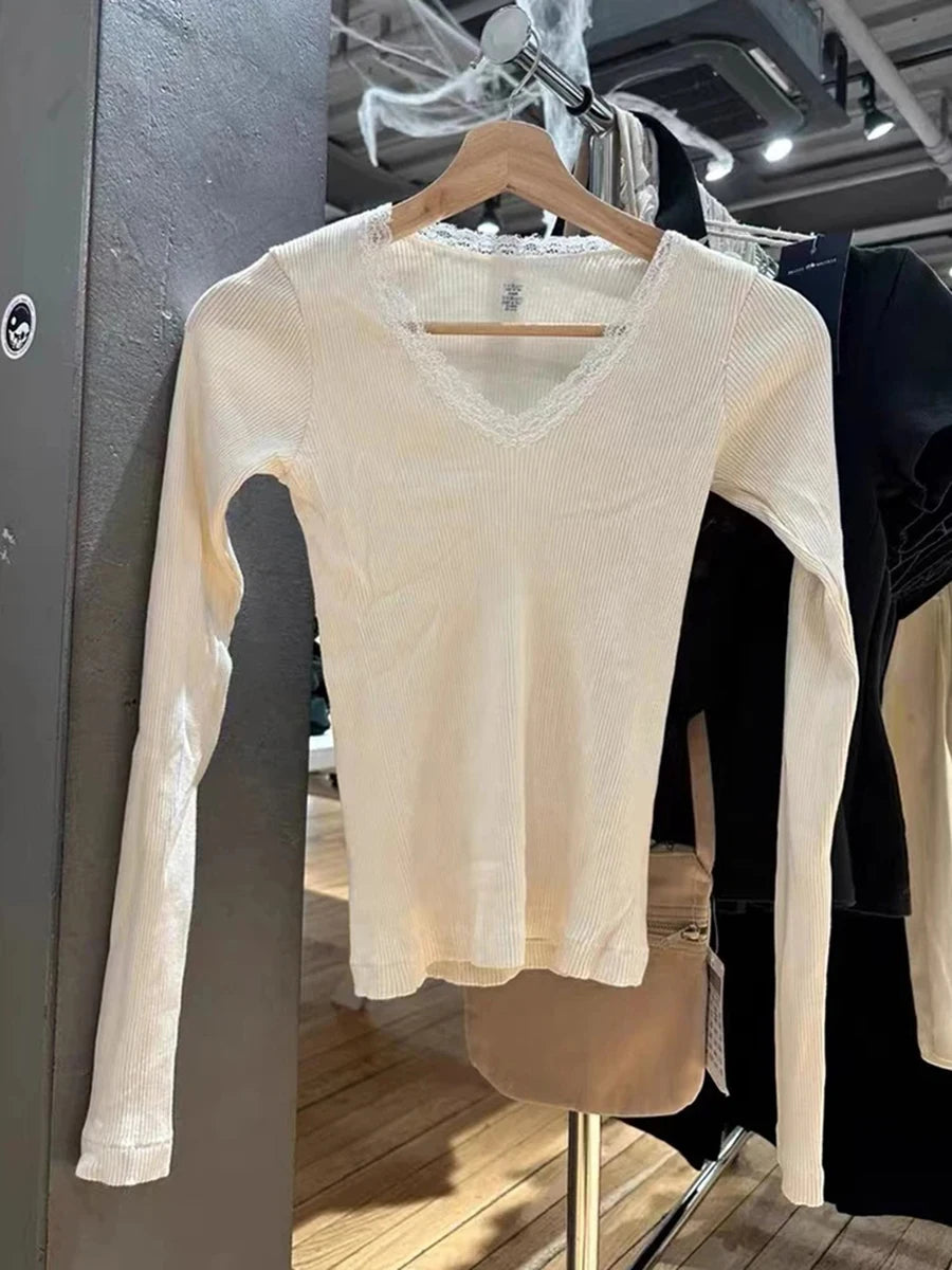 Sweet Lace Trim Ribbed Long Sleeve Tees Women New Cotton Slim Solid V-neck Tops Clothes Female Vintage Cute Chic T-shirts Y2K