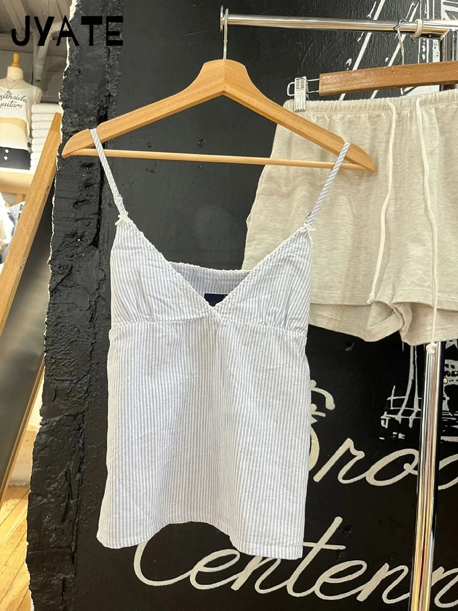 Fashion Blue Striped V-neck Bow Tank Tops Women New Cotton Casual Lace Trim Sexy Sleeveless Vests Sweet Preppy Style Camis Y2K