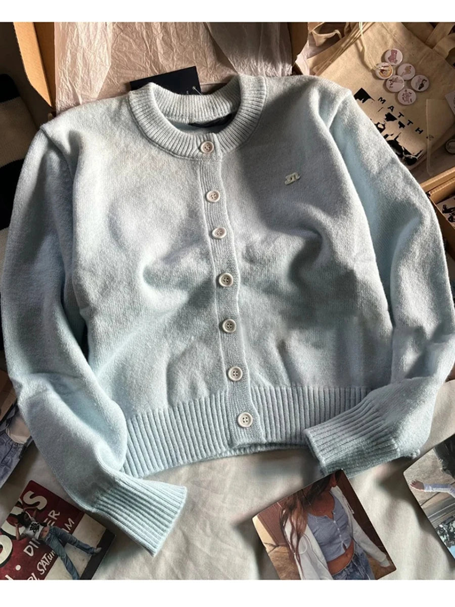 Light Blue Knitted Cardigans Women Casual Cotton Preppy Style Button Sweater Coats Cute Female Vintage Loose Sweet Cardigan Tops