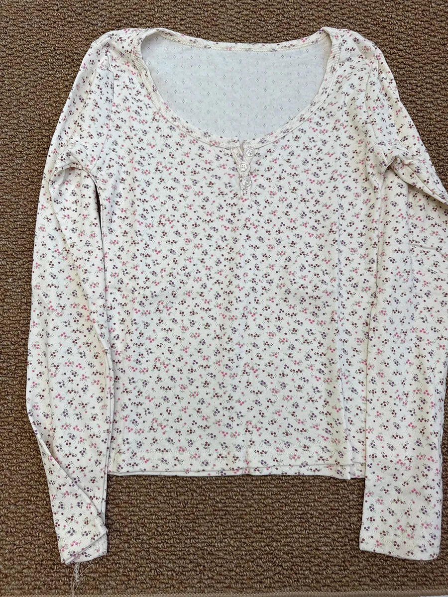 Floral Zelly T-shirts Women Spring Casual Simple Cotton Soft Button Long Sleeve Tees Sweet Cute Preppy Style Tshirt