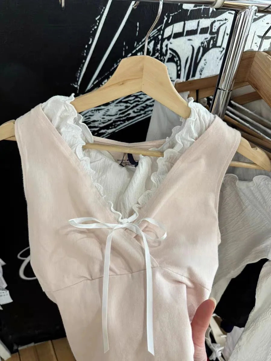 Sweet Pink Slim V-neck Tank Top Women Summer Simple Cotton Sleeveless Camisole Female Casual Preppy Style Basic Y2k Crop Vests