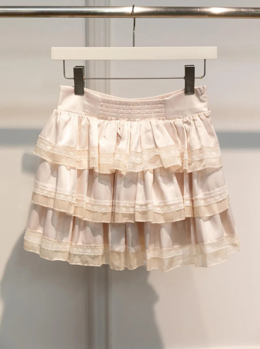 Pink Lace Trim Ruffles A-line Skirts Women Summer New Cotton Elastic High Waist Short Faldas Sweet Preppy Style Cute Mini Skirt
