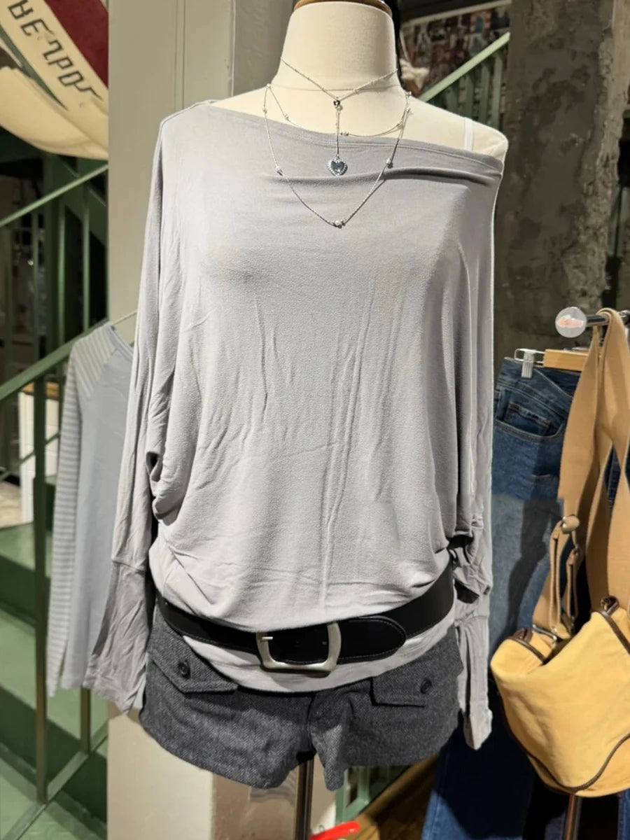 Black Long Batwing Sleeve T-shirts Women Elegant Sweet Slash Neck Cotton Tee Shirts Vintage Simple All-match Tshirts Y2k Tops