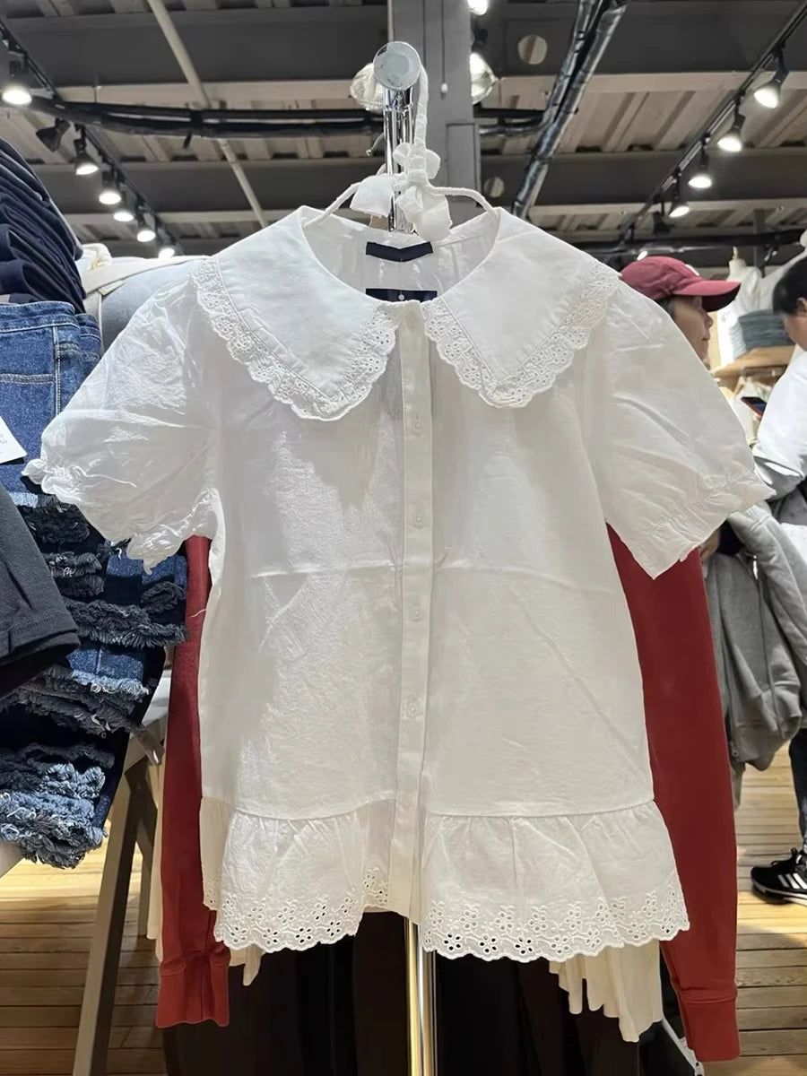 White Blue Lace Trim T-shirt Blouse Women Casual Pan Collar Single Breasted Short Sleeve Tee Sweet Vintage Cute Slim Tshirt Tops