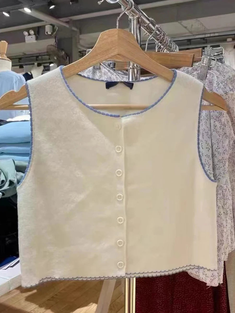 Sweet White Cotton Single Breasted Tank Tops Women Casual Simple O-neck Knit Vests Clothes Female Vintage Slim Chic Crop Top Y2K
